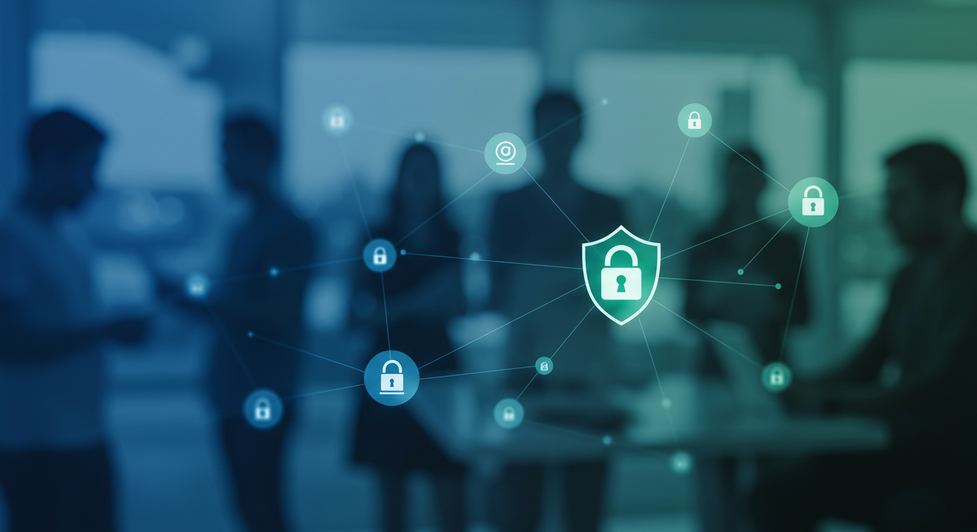 Abstract digital network with security icons, symbolizing data protection and privacy policy for user information.