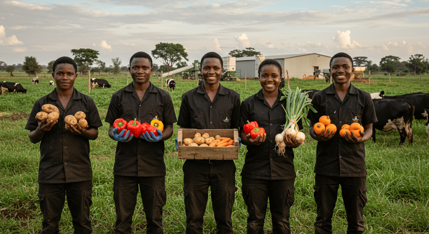 Young Zambian apprentices smiling and holding harvested crops with cattle and a modern food processing plant in the background, showing the success of rural development efforts